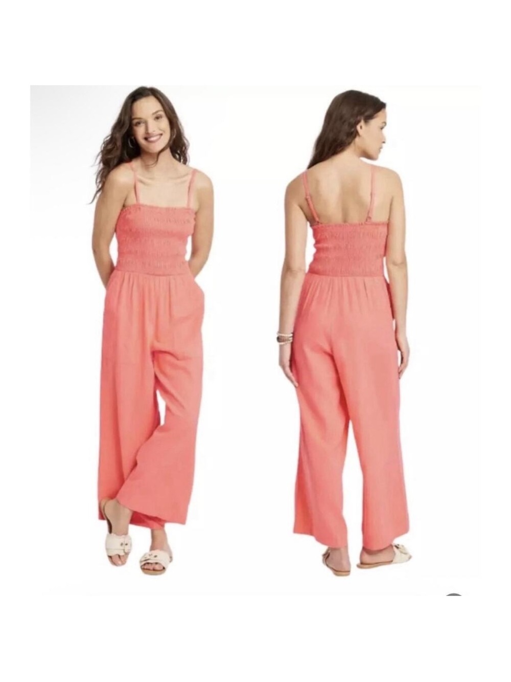 Universal Thread Coral Smocked Linen Blend Wide Leg Jumpsuit